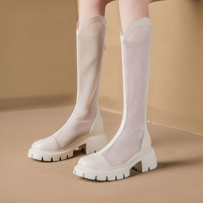 Летние длинные холодные сапоги для женщин 2025 Новые V-образный вырез Дышащая сетка Рыцарские сапоги Модные на толстом каблуке Полая сетка Крутые сапоги