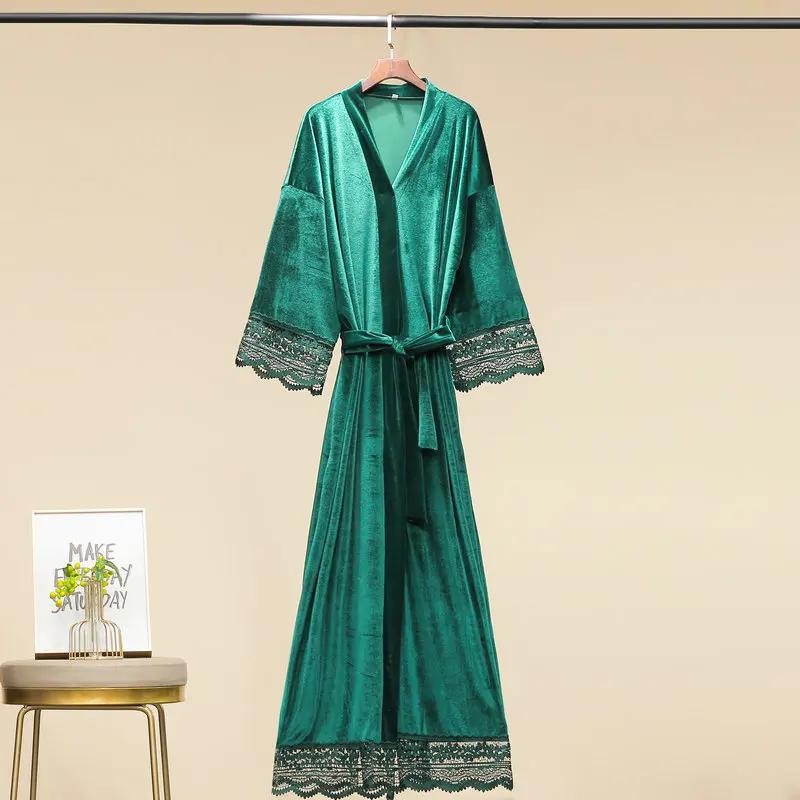 Long Velvet Robes with Lace Robe Women Bride Bridesmaid Kimono Bathrobe Party Soft Lady Wedding Homewear Warm Velvet Robe Gown
