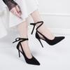 Large Size High Heels Black Strappy Female Fine with Goddess Shallow Mouth Pointed Head Versatile Girl Nude Color Suede Single Shoes