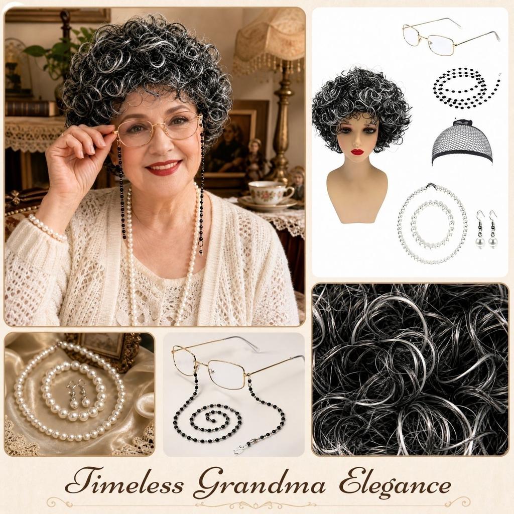 Grandma Costume Accessories Set with Wig, Glasses with Chain, Hairnet, Necklace, Bracelet and Earrings
