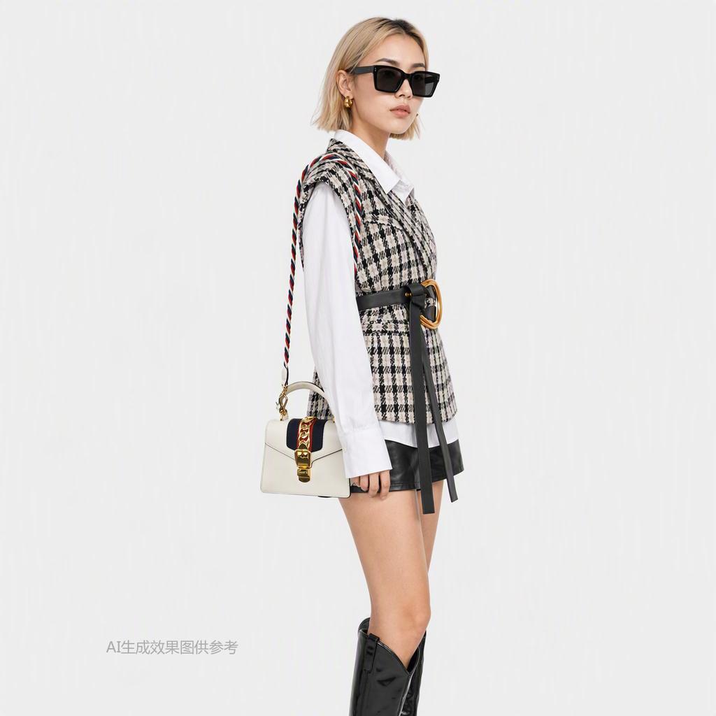 [Pre-Owned] Sylvie Gold Buckle Striped Web Leather Mini Tote Shoulder Crossbody Bag - Very Good #18NBE97
