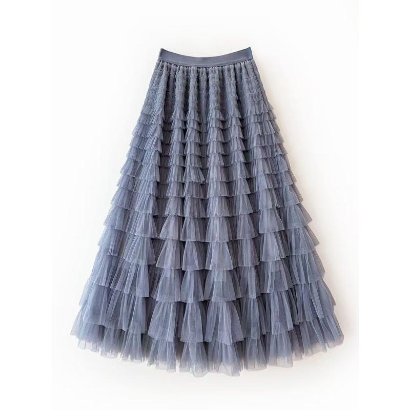 Юбка-торт Юбка-бюстье из сетки Женская юбка-бюстье на весну и осень Юбка из многослойного газа Длинная юбка с высокой талией Пышная юбка Плиссированная длинная юбка