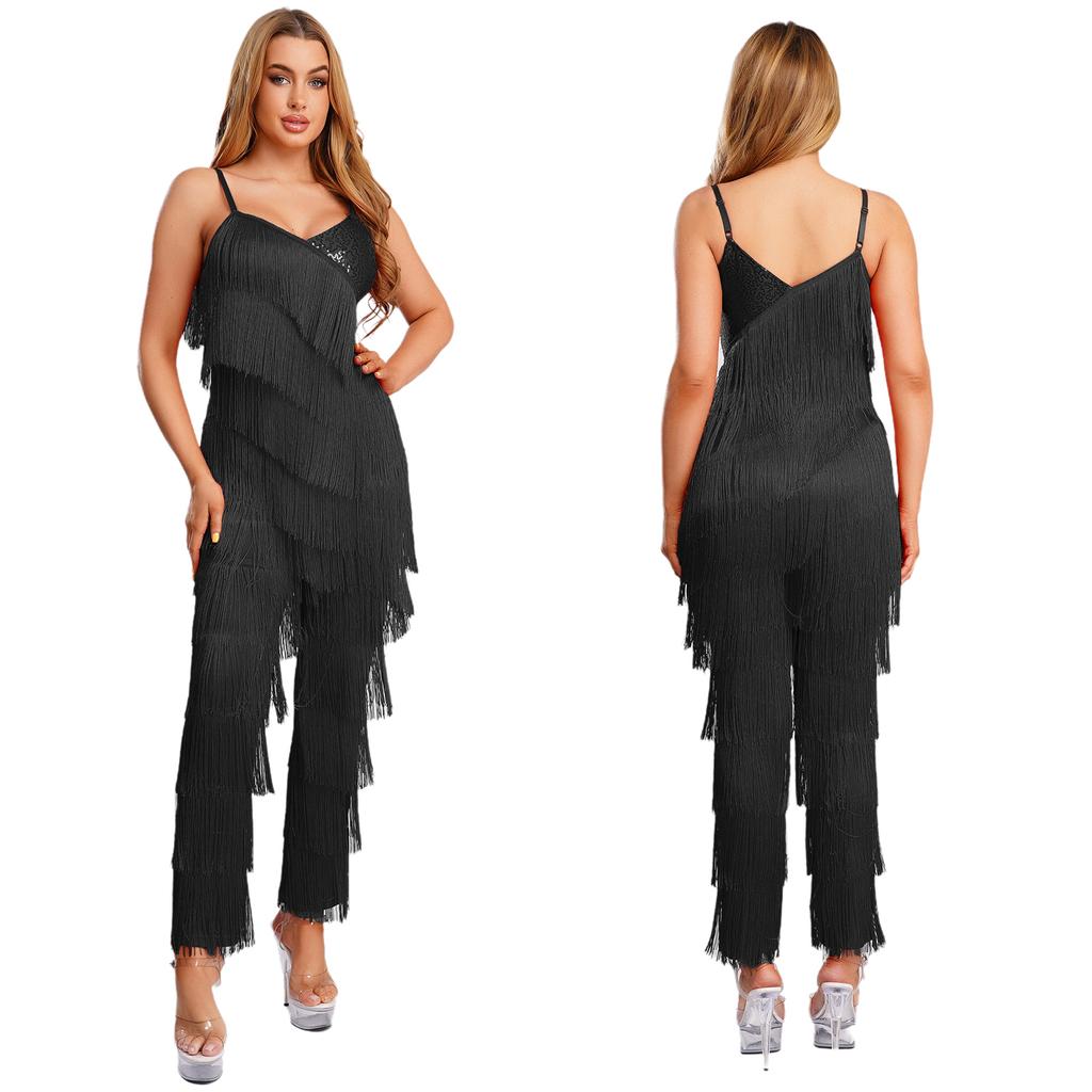 S-XXL Women‘s Latin Dance Fringe Jumpsuit Sparkly Sequin Tassel Layered Cami Romper Long Pants Bodysuit for Cha-Cha Tango Salsa