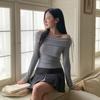 New Arrivals Open Run Off Shoulder T shirT Slim Ribbon decoraTion Ribbed