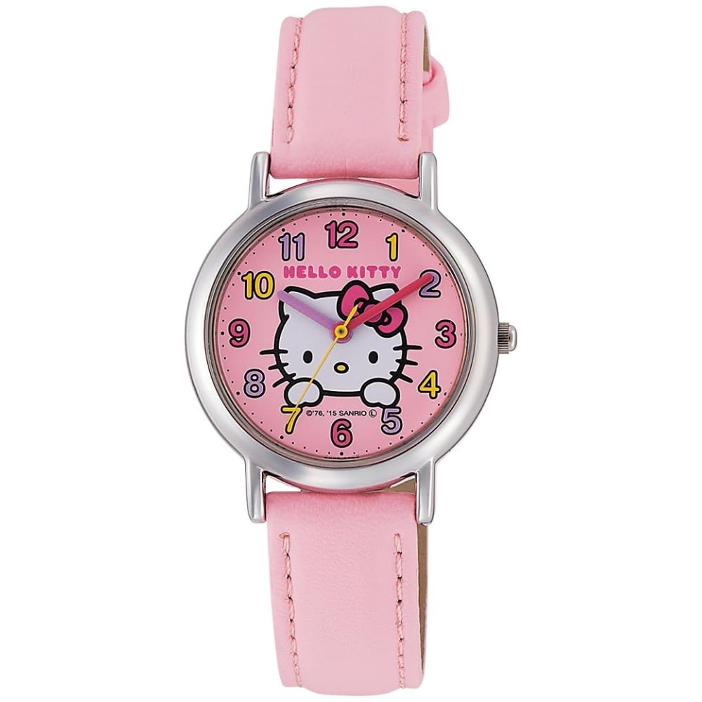 Q&Q Hello Kitty Solar Powered Watch Round Case Cute Design for Kids Faux Leather Strap