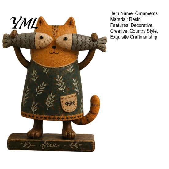 Artistic Ornament for Window Sill Rustic Farmhouse Cat Figurine with Fish, Resin Holding Fish Statue, Vintage Cute Hand Painted Desktop Home