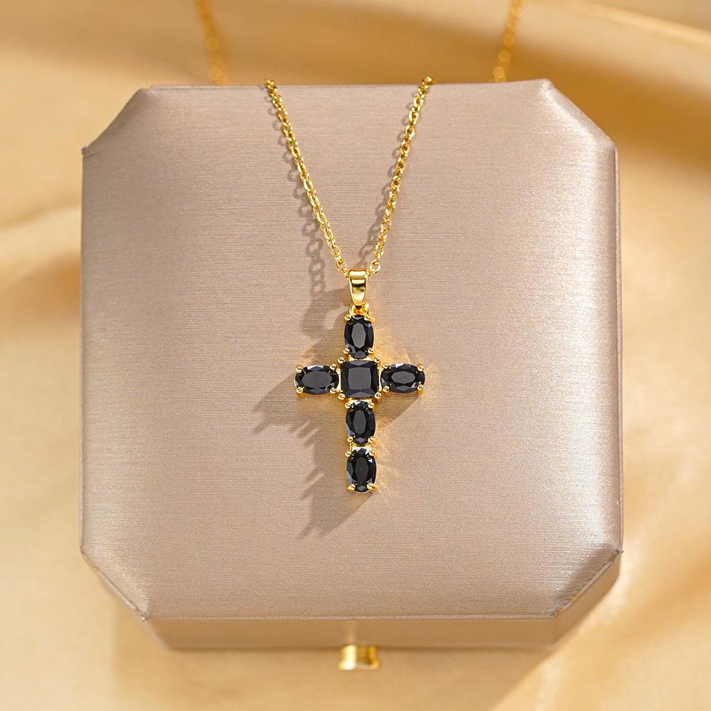 Zircon Cross Pendant Necklace: Gold Electroplated Titanium Steel, European & American Style, Elegant Female Design