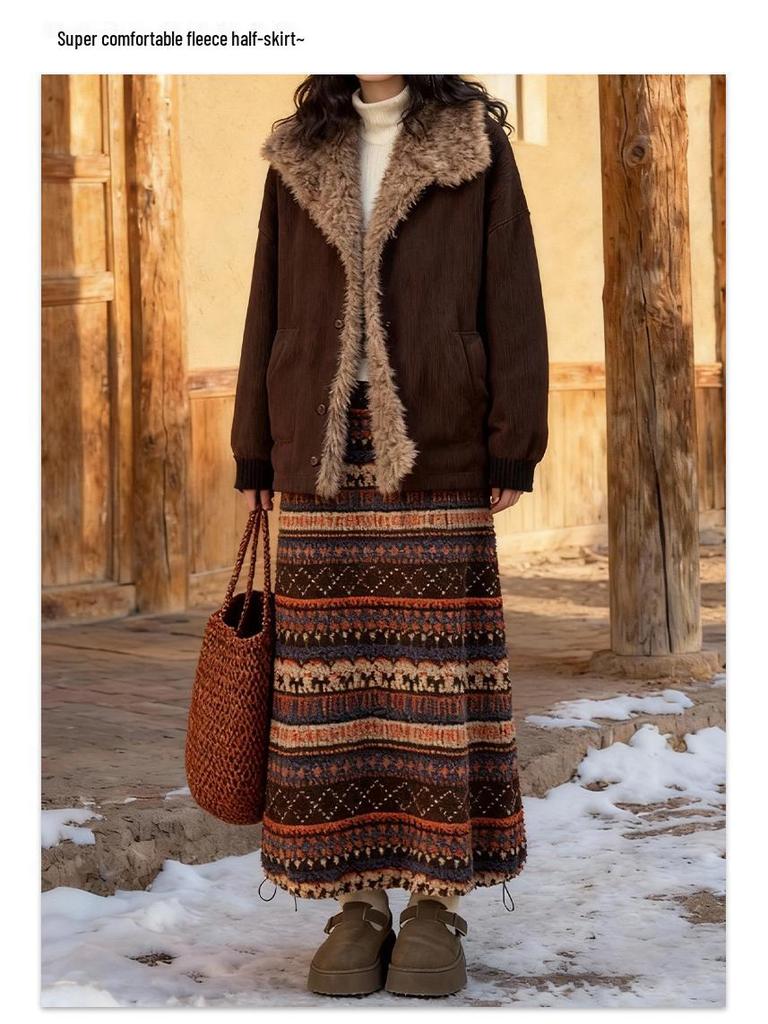 Двусторонняя юбка-фонарик с высокой талией из флиса в стиле Fair Isle для женщин, Осенне-зимняя коллекция