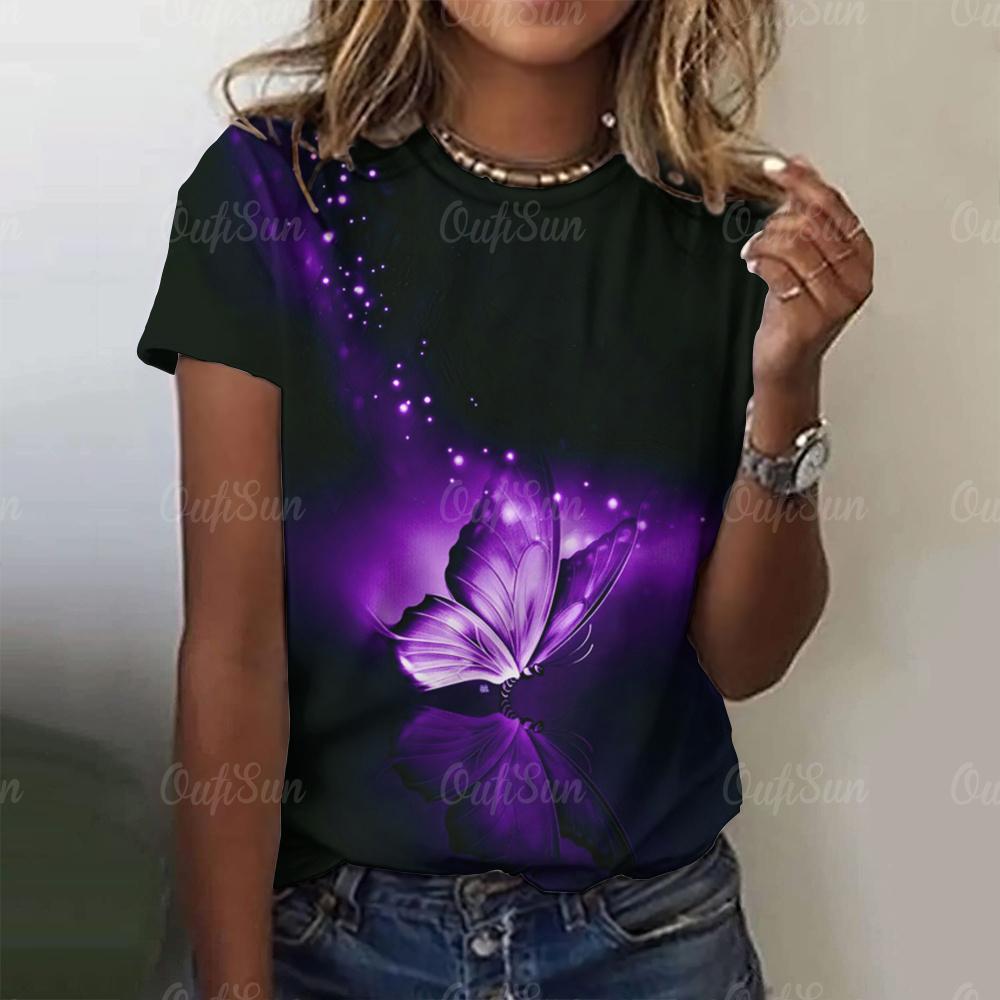 Женская футболка с принтом бабочки 3D, фиолетовая, с круглым вырезом, повседневная, женская, градиентная, топ Harajuku для девочек, с коротким рукавом, модная одежда