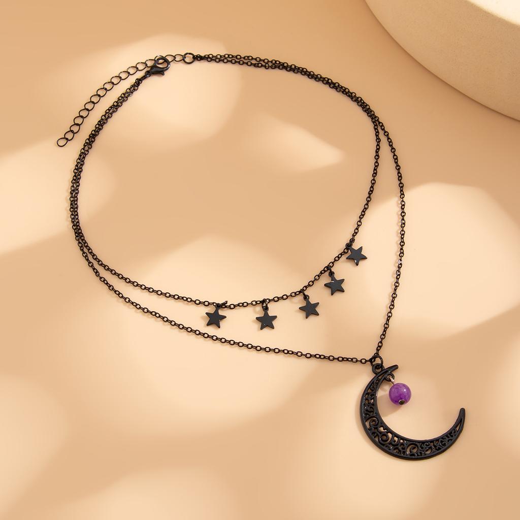 Moon Pendant Collarbone Chain Halloween Creative Star Alloy Necklace Multi-Layer Dark Style Party Daily Commuter for Women
