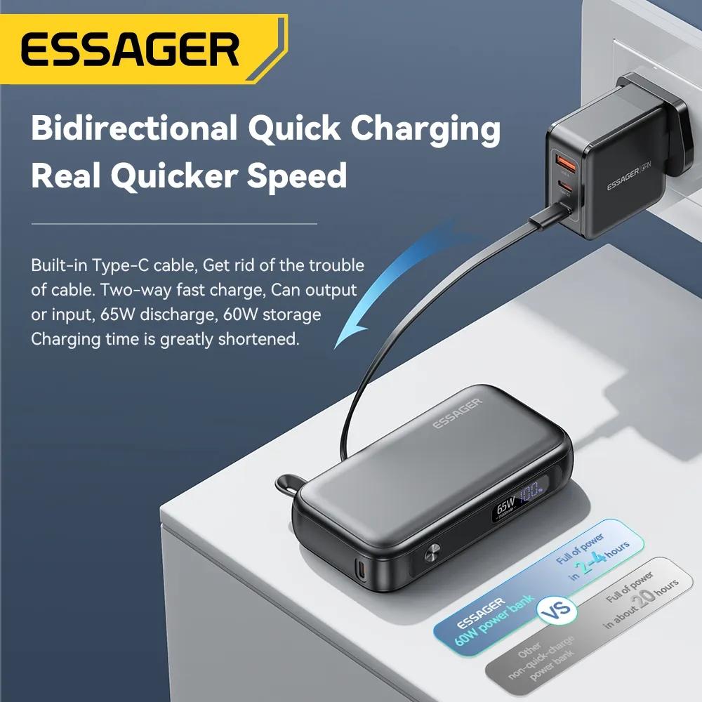 Essager 15000 мАч Портативный внешний аккумулятор с кабелем USB C Внешний запасной аккумулятор для iPhone iPad Macbook 65 Вт Быстрая зарядка