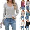 Fashion Women Brushed Shirt Solid Color Casual V-neck Lace Long Sleeve Basic Top