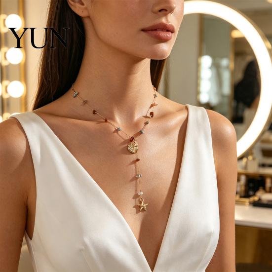 Bohemian Style Jewelry Women Y-Shaped Necklace with Shell Starfish Pendant And Natural Gravel Beads, Adjustable Alloy Chain, Ocean for Beach Vacation