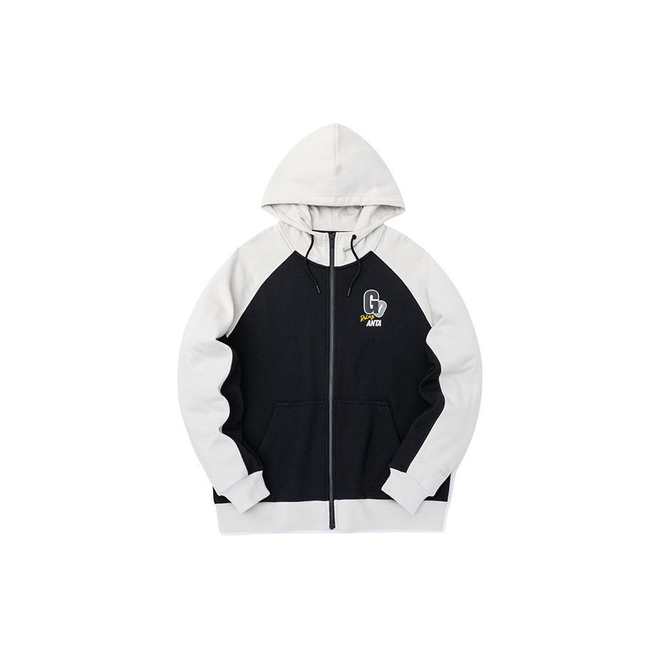Anta Life Series Letter Pattern Print Color Block Knit Hooded Jacket Unisex Jackets Black 152318707-2