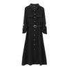Женское миди-платье в европейском и американском стиле на осень 2024 года с поясом и отложным воротником и длинным рукавом