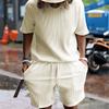 2023 Summer Men's Striped Suit Loose Crew Neck Short-sleeved T-shirt And Shorts Solid Color Sports Casual Two-piece Set