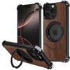 For iPhone 16 Pro Max Magnetic Case Wood + Metal Boardless Phone Back Cover with Ring Kickstand