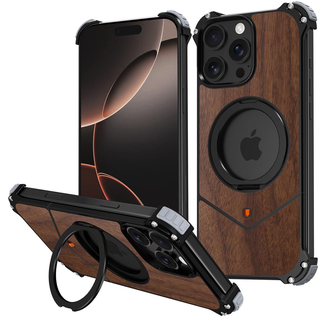 For iPhone 16 Pro Max Magnetic Case Wood + Metal Boardless Phone Back Cover with Ring Kickstand