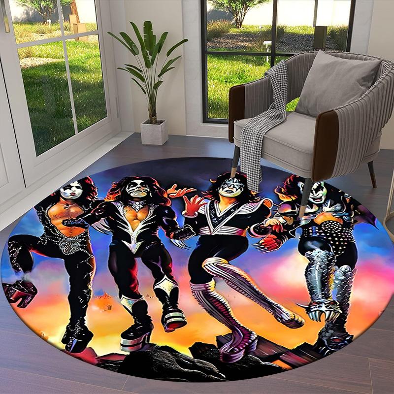 1Pc Kiss Band Rock Legends Print Round Rug Nonslip Floor Mat For Living Room Bedroom Bathroom Holiday Home Decoration