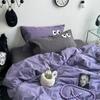 Фиолетово-серое полотенце с черными глазами и вышивкой, комплект из четырех предметов из стираного хлопка, простыни из чистого хлопка и простыни, комплект из трех предметов
