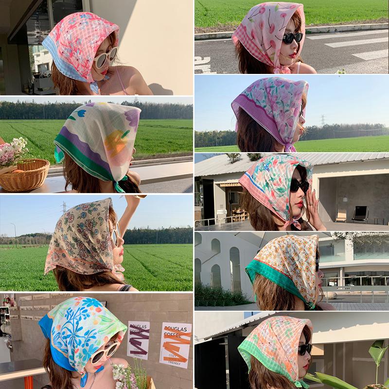 55Cm Sweet Floral Print Small Square Scarf For Women Girl Cute Soft Flower Scarf Hairband Headband Korean Hair Scarves