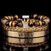 European-American Retro Crown Black Agate Tiger Eye Bracelet with Roman Numeral Stainless Steel Bangle
