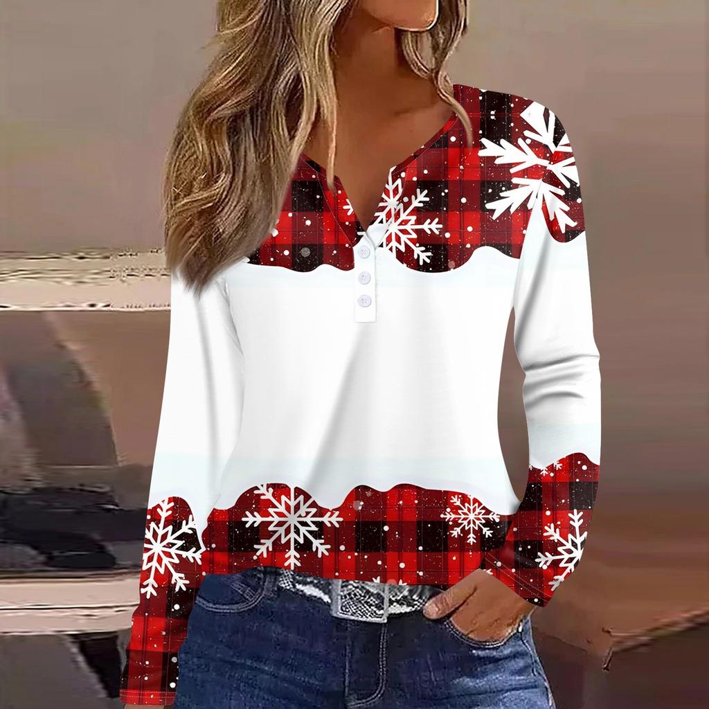 Женская футболка с рождественским принтом на пуговицах с длинным рукавом, повседневная, выходного дня, модная, базовая, с V-образным вырезом, обычная