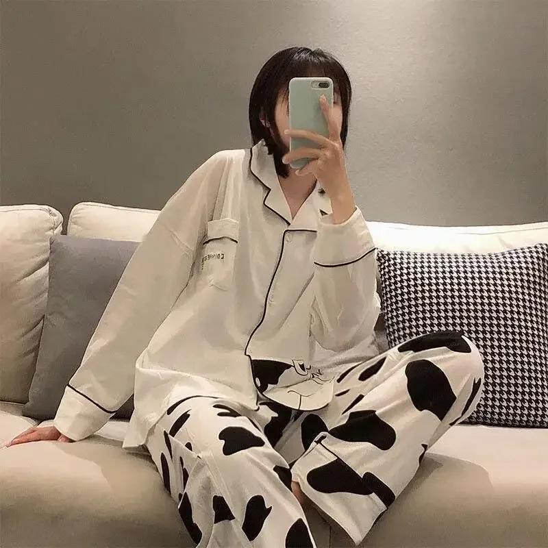 Кружевные Пижамы Женские Комплекты Пижам Кавайная Одежда Кардиган Длинный Рукав Брюки Длинного Кроя Пуговицы Ночная Рубашка Домашняя Одежда Комплекты Пижам
