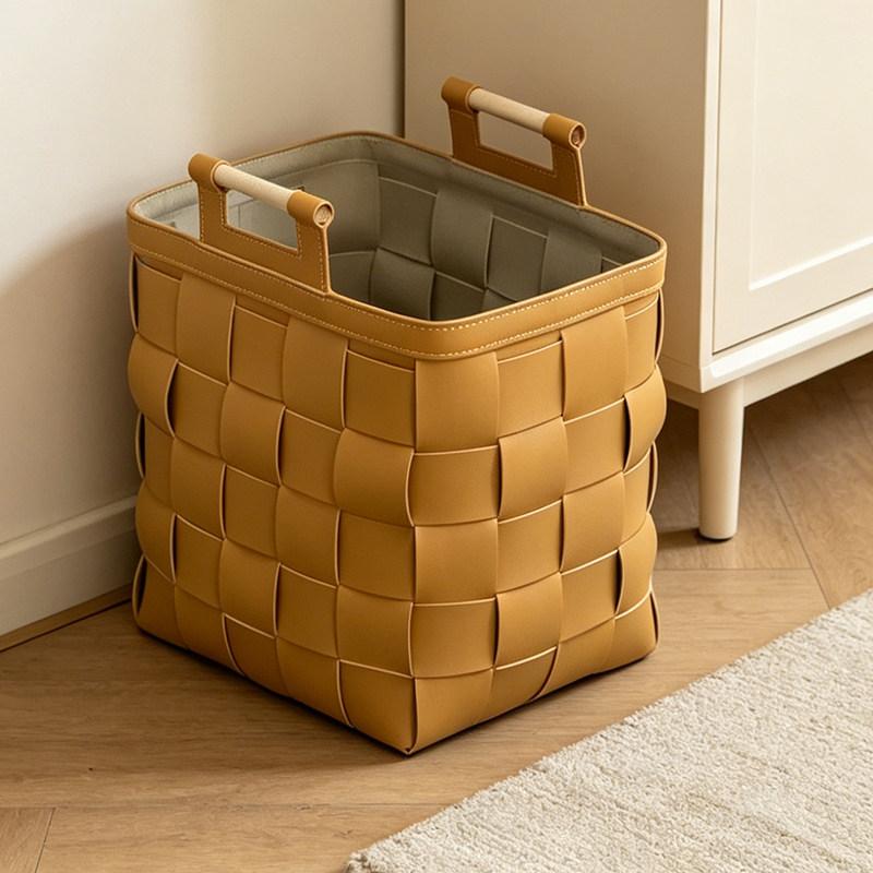Saddle Leather Woven Storage Basket, Vintage Rattan Tote Basket, Large Capacity Home Organizer for Clutter, Eco-Friendly