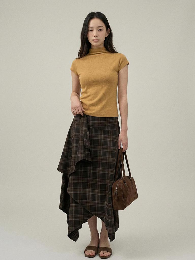 Ge Ming Women's Retro High-Waist Irregular Plaid Mid-Length Skirt for Spring, W442C