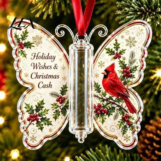 Holiday Party Hanging Decor Butterfly Cash Gift Ornament, Christmas Money Holder with Decorative Tags Festive Print, Acrylic Tree Pendant for Surprise