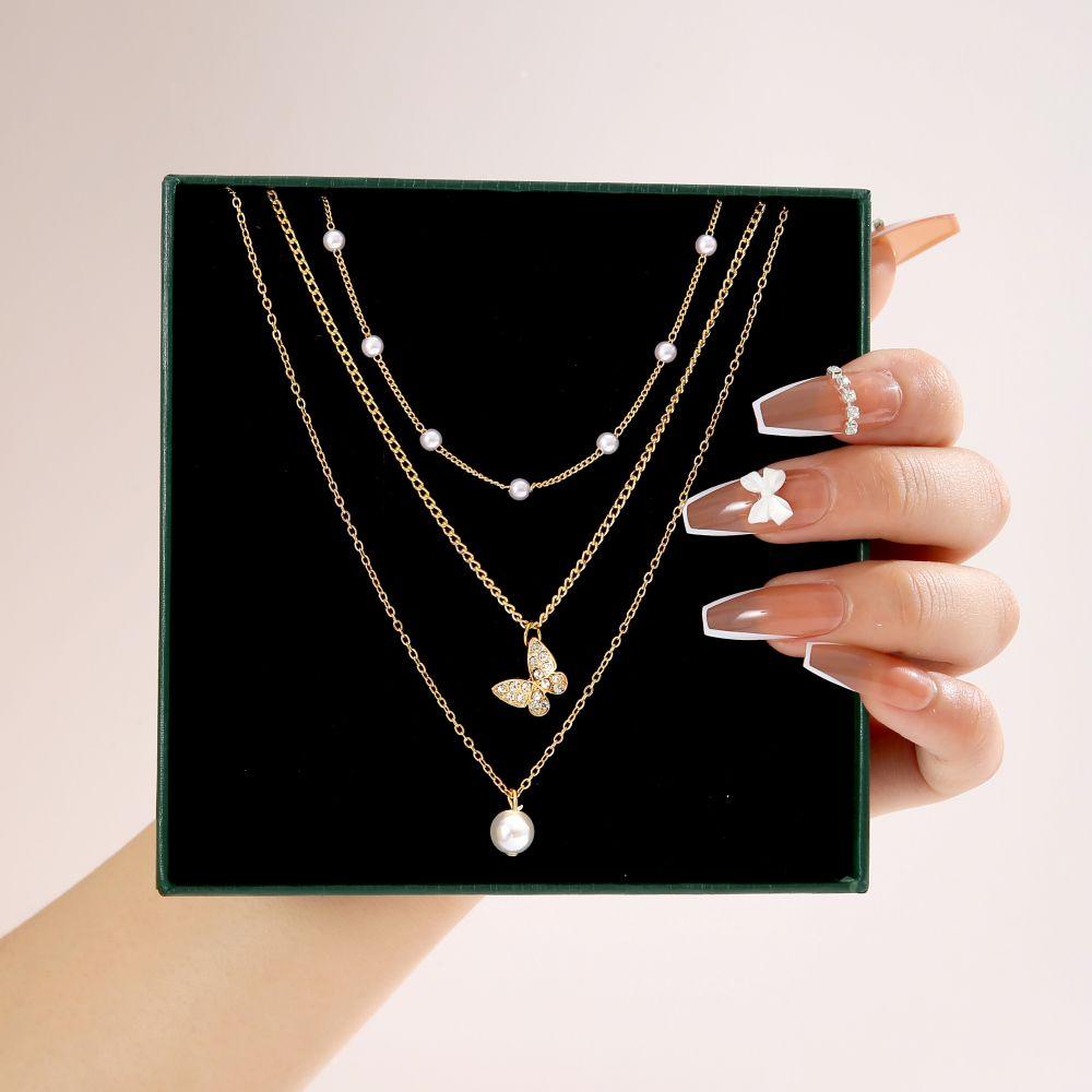 iF ME Vintage Pearl Multilayer Butterfly Necklace Gold Color Pendant Choker Chain Women Jewelry Accessories[No Box]