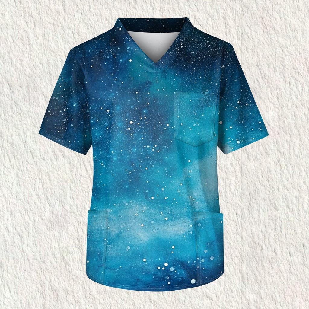 Мужская рабочая блузка с короткими рукавами и v-образным вырезом с принтом, топ с нагрудным карманом