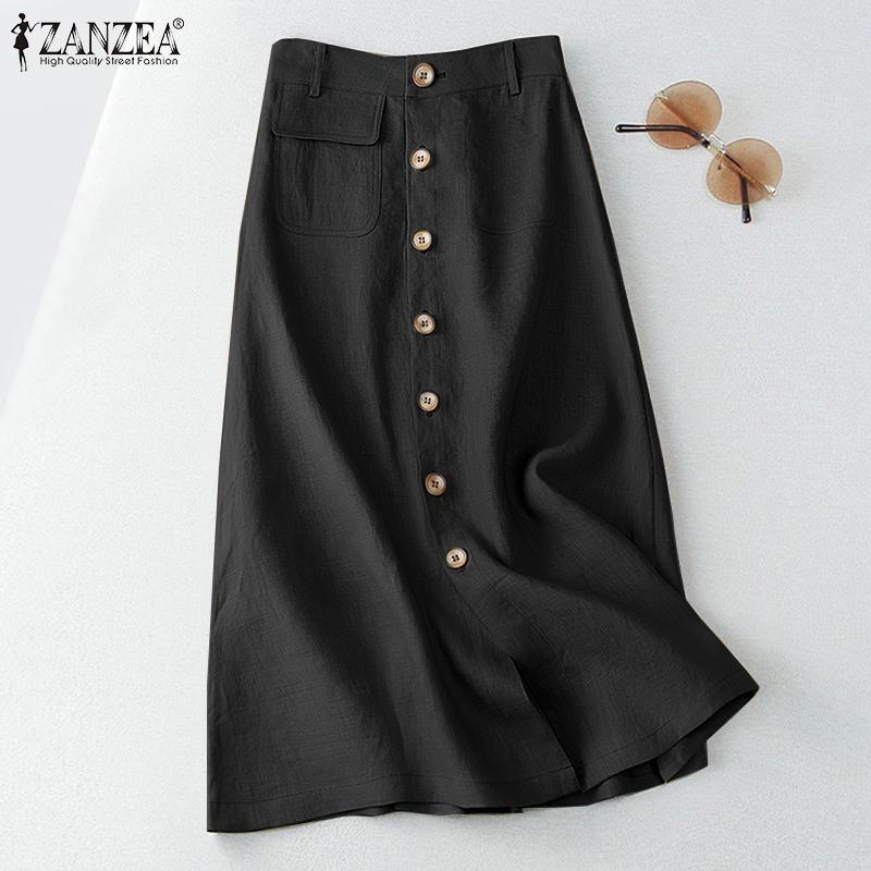 ZANZEA Женские винтажные свободные трапециевидные юбки с высокой талией, однотонные хлопковые юбки