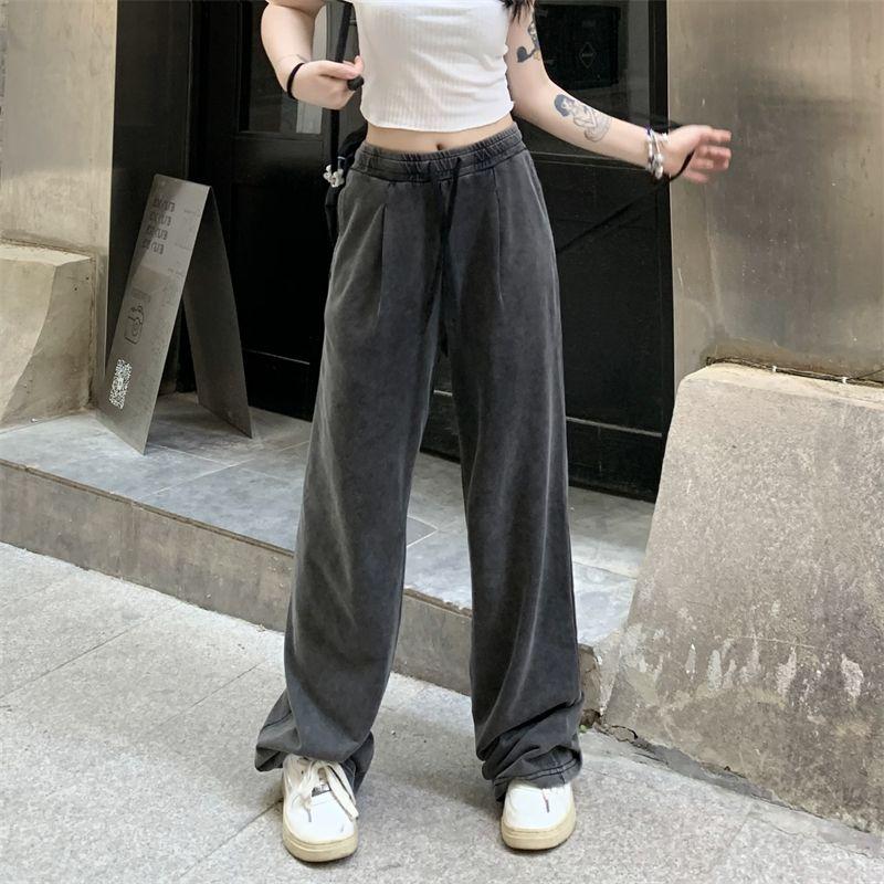 Повседневные брюки женские летние винтажные спортивные штаны с высокой талией серые широкие брюки с прямыми ногами