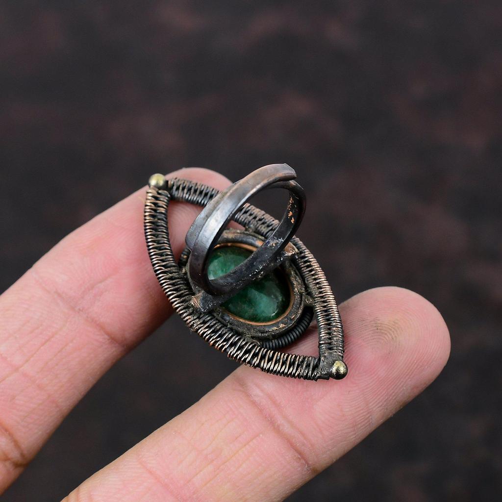 Кольцо с граненым замбийским изумрудом, кольцо из медной проволоки, регулируемое кольцо, ювелирные изделия ручной работы, оригинальное кольцо с драгоценным камнем, медные украшения, подарок на помолвку