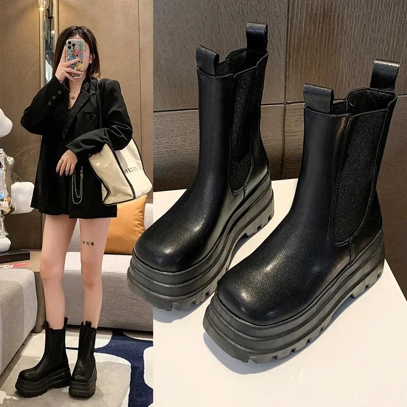 Fashion 2024 Fashion New Boots Women's Shoes Fashionable and Versatile Thin Round Head Cigarette Boots Platform Shoes Outdoor Versatile