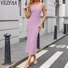 Женская мода лето весна однотонный принт без рукавов квадратный воротник с высокой талией повседневные платья