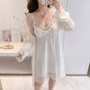 SEXY White Wedding Robe Nightgown Set Women Sleepwear Lace Trim V-Neck Short Summer Dress Kimono Bathrobe Silk Satin Home Wear