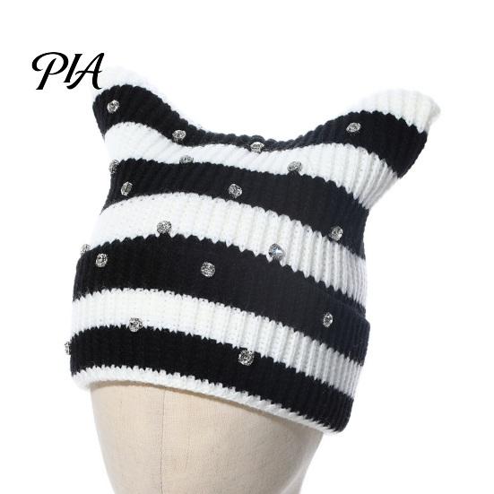 Warm Winter Gift for Her Cat Ear Hat Women Girls, Striped Slouchy Crochet Headgear Cute Animal Cap with Shiny Rhinestones, Knitted Playful Accessory