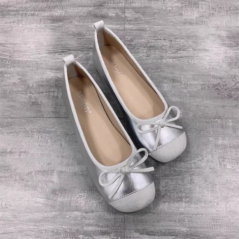 Мелкие туфли бабушки весна и осень новые маленький ароматный ветер бант балетки серебристые плоские одинарные туфли женские