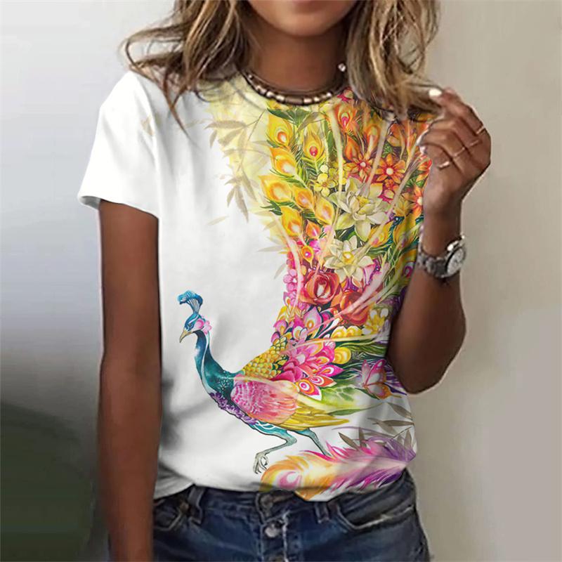 Красивая футболка с узором павлина для женщин, цветочные футболки с 3D-принтом, модные свободные футболки с короткими рукавами и круглым вырезом