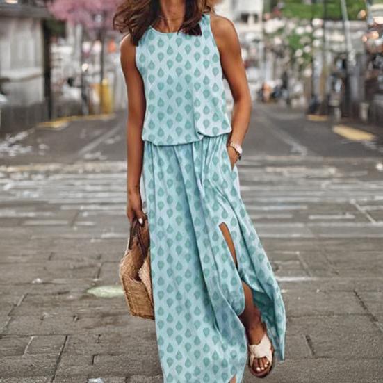 Женское платье макси без рукавов, повседневное, с круглым вырезом, эластичной талией и разрезом, длинное