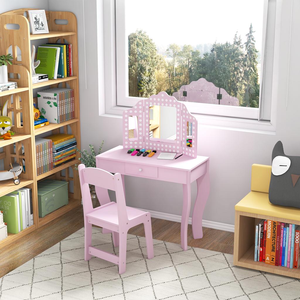 Kids Dressing Table Sets with Stool and Tri-Fold Mirror, Drawer for Playroom, Bedroom - Pink