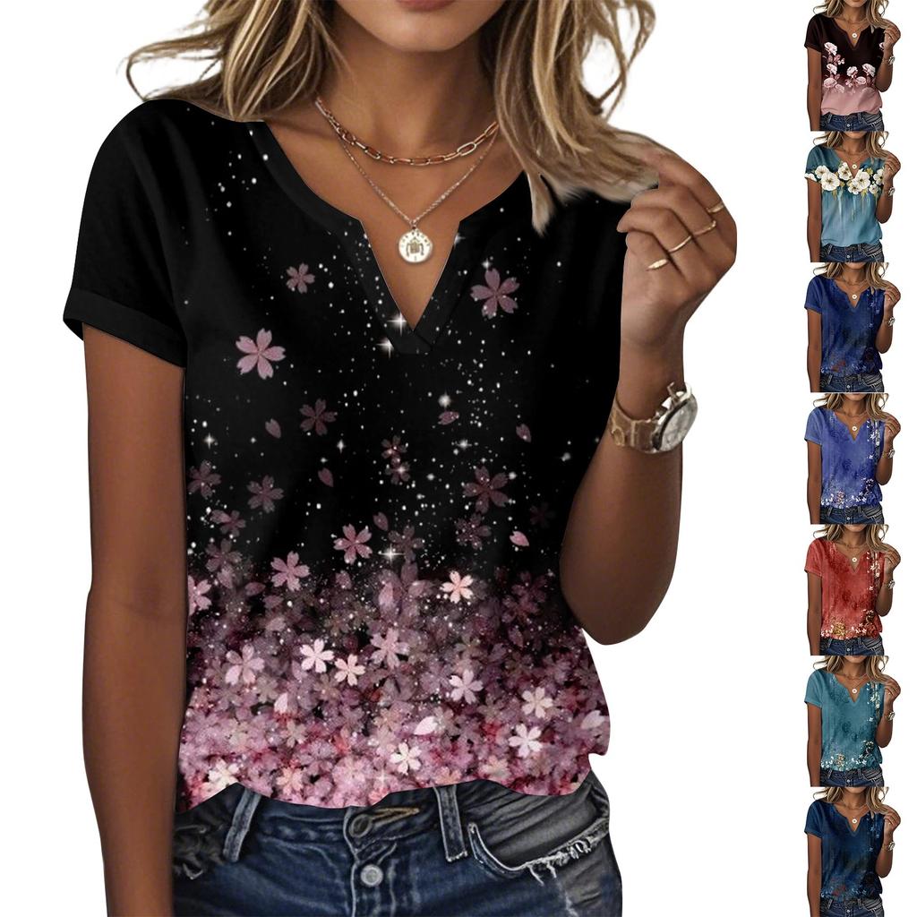 Женская повседневная футболка с цветочным принтом, пуловер с V-образным вырезом и коротким рукавом