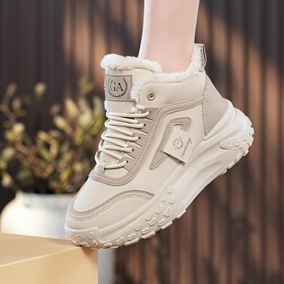 Женские зимние теплые флисовые ботильоны с высоким берцем, толстой нескользящей бежевой шнуровкой для холодной погоды, зимние ботинки