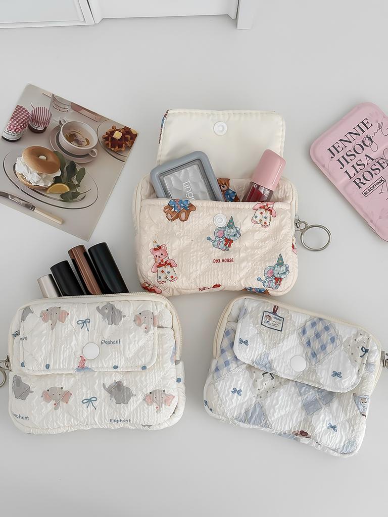 Cute Cartoon Bowknot Print Women's Zipper Change Bags Quilted Plaid Ladies Portable Clutch Storage Bag Female Multi Pocket Purse