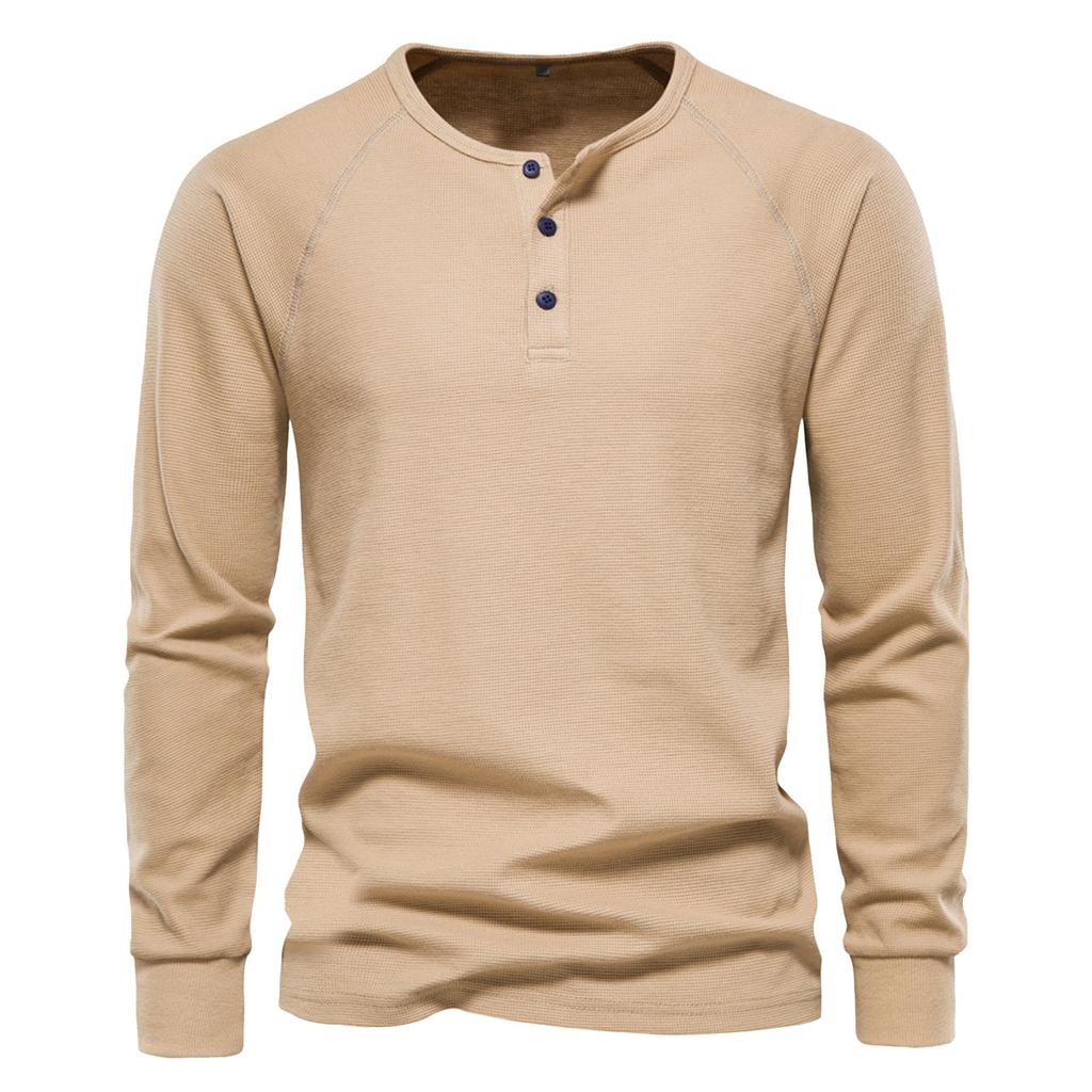 Men's Round Neck Button Long Sleeve Shirt Men's Casual Fashion Solid Color Shirt