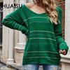 Женский свитер свободного кроя с V-образным вырезом и полосатой отделкой на осень и зиму