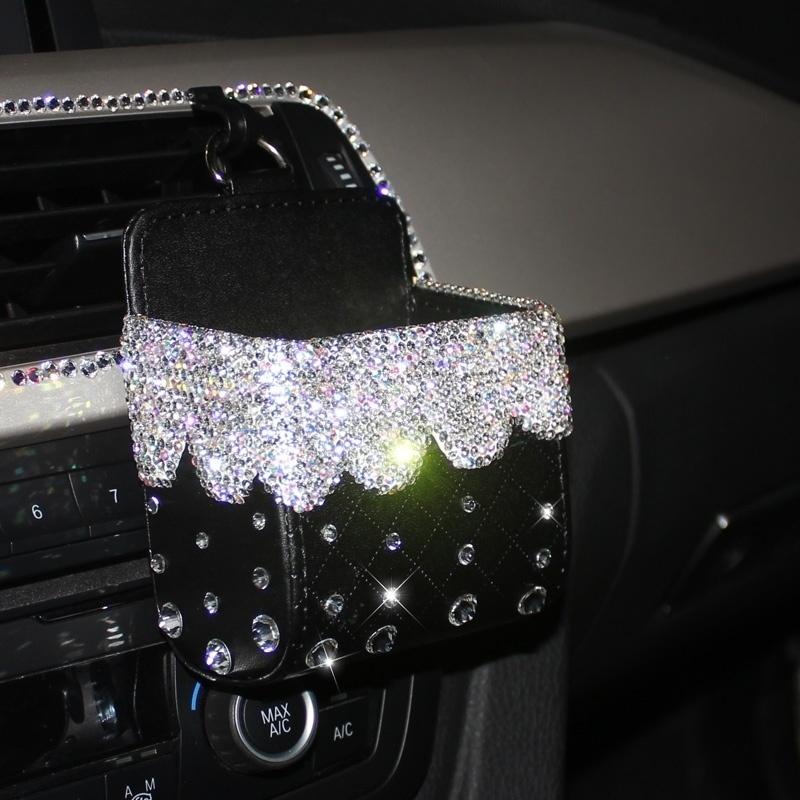 Vehicle Mounted Ashtray Storage Box Organizer Bling Crystal Rhinestone Universal Leather Car Mobile Phone Glasses Holder